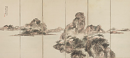 Views of Lake Biwa at Sakamoto, Yokoi Kinkoku (Japanese, 1761–1832), Pair of six-panel folding screens; ink and color on paper, Japan